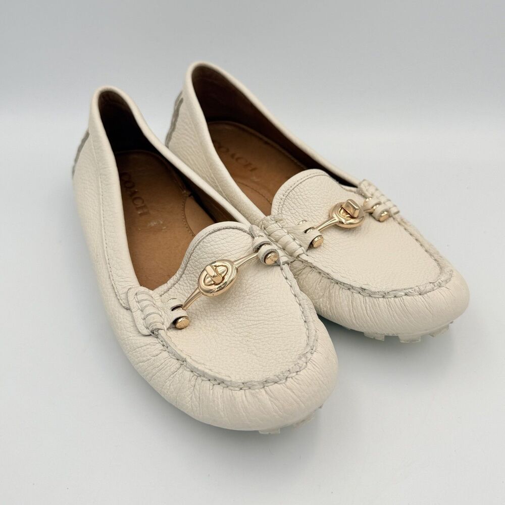 Coach Arlene Pebbled Leather Turn‑Lock Loafers Women’s 7.5 Cream Gold Hardware